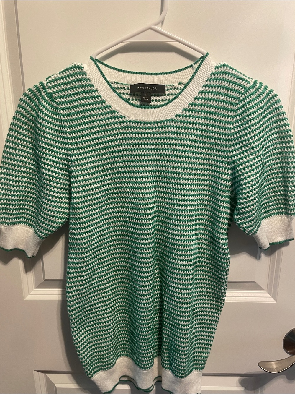 Ann Taylor Green & Soft White Striped Knit Crew Sweater